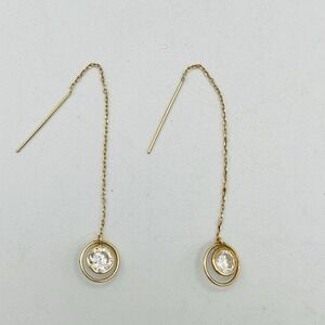 VTG 14K Yellow Gold Threader Earrings Long CZ Crystal Hoop Dangle 3" JCM 1.23g